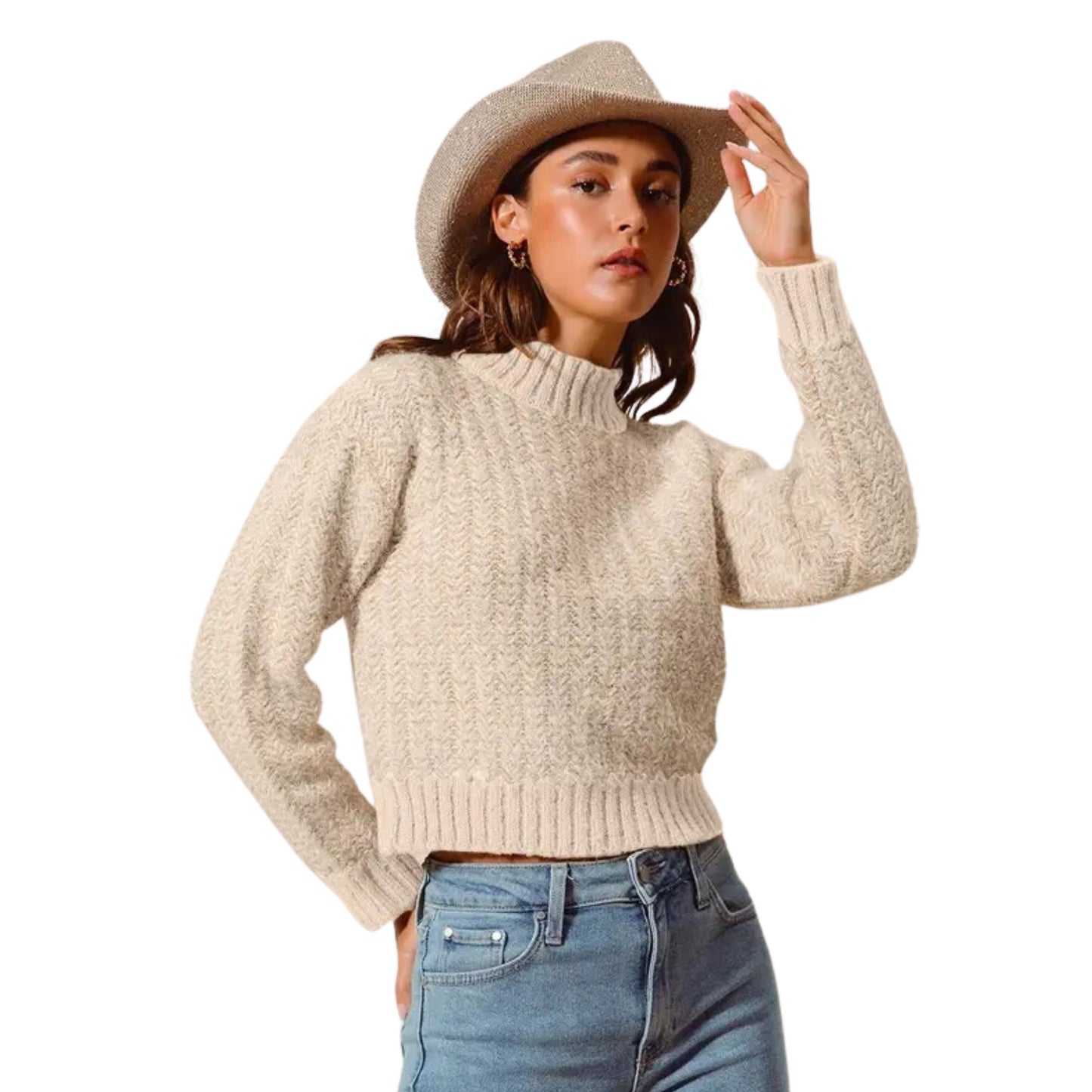 Herringbone Detailed Knit Sweater - Oatmeal