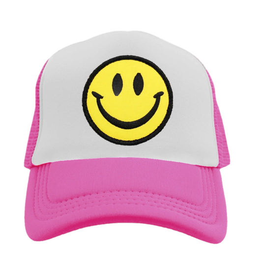 Smiley Face Snapback Hat - Hot Pink / White