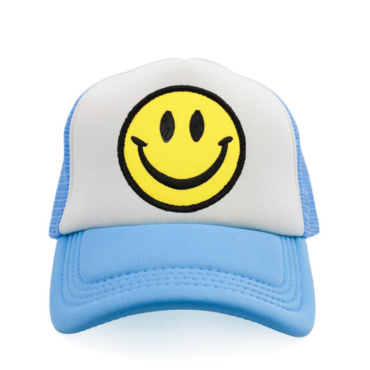 Smiley Face Snapback Hat - Pastel Blue / White