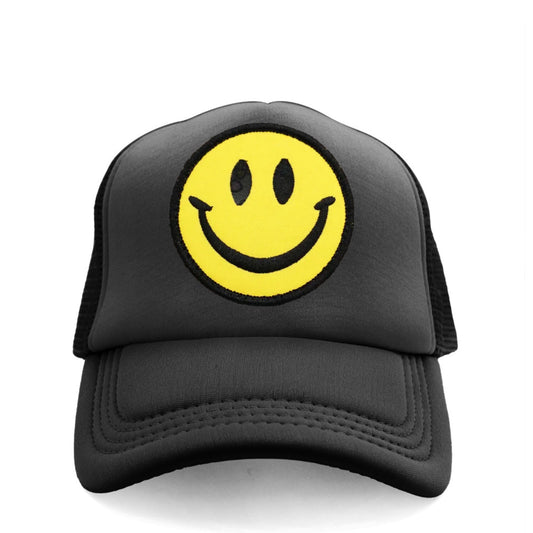 Smiley Face Snapback Hat - Black / Black