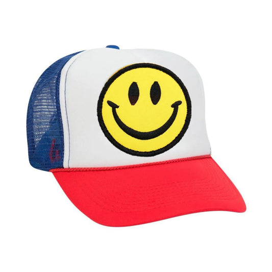 Smiley Face Snapback Hat - Red / White / Blue