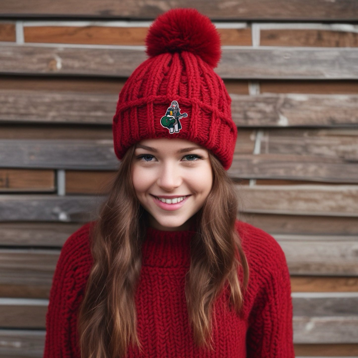 Knitted Beanie with Faux Fur Pom Pom - Crimson / Green Swiftie Patch