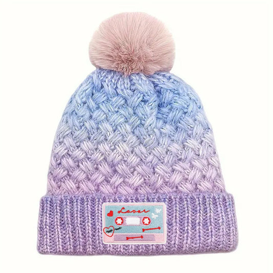 Lover Patch Purple Gradient Knitted Pom Pom Beanie