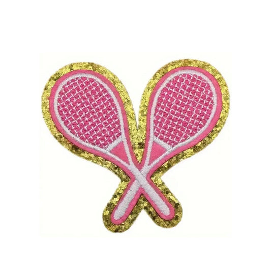 Iron on Patch - Pink and Gold Tennis Rackets (6.2 cm x 6.8 cm)