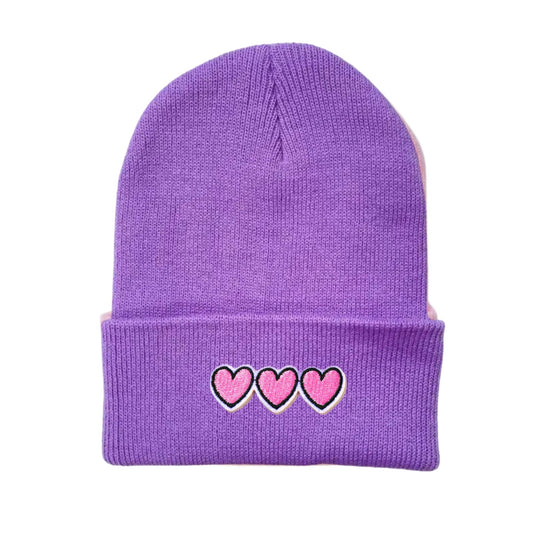 Triple Pink Hearts - Purple Beanie Hat