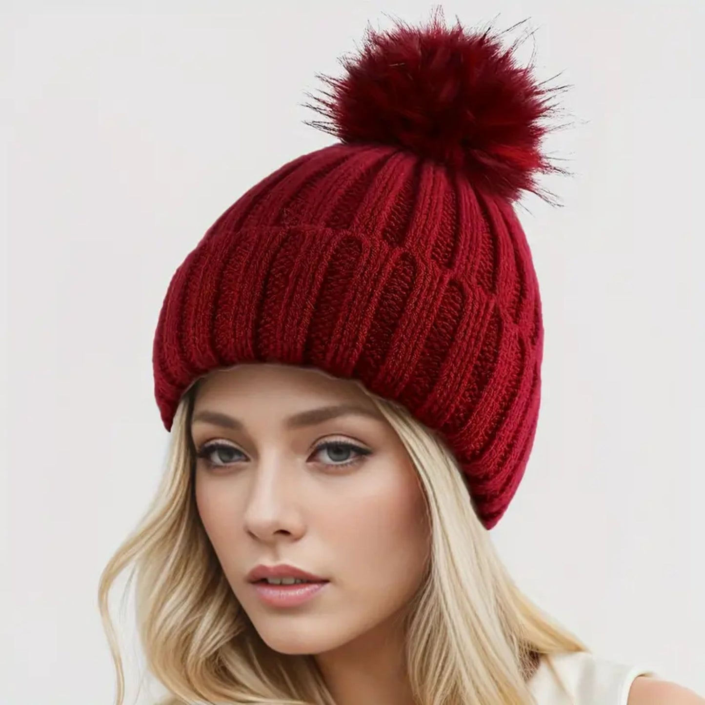 Knitted Beanie with Faux Fur Pom Pom - Crimson