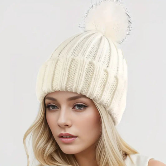 Knitted Beanie with Faux Fur Pom Pom - Ivory