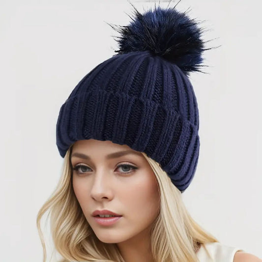 Knitted Beanie with Faux Fur Pom Pom - Navy