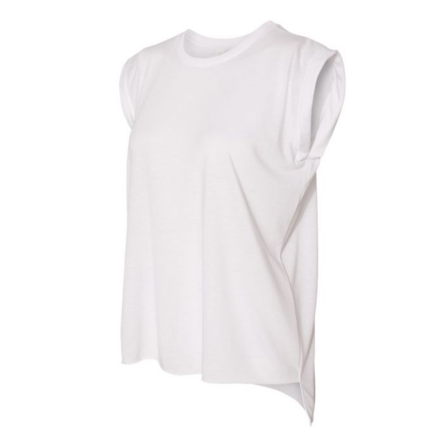 Ladies Flowy Muscle Tee with Rolled Cuff - White