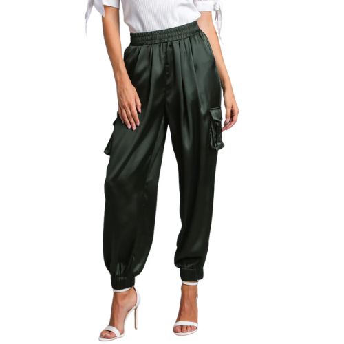 Luxe Satin Jogger Cargo Pants - Dark Green