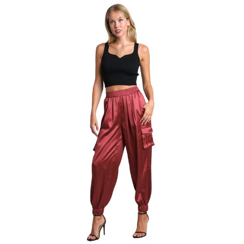 Luxe Satin Jogger Cargo Pants - Rosewood