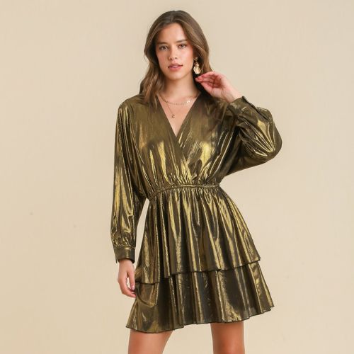 Metallic Surplice Neckline Tiered Dress - Gold