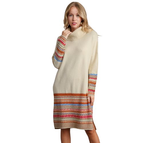 Nordic Knit Long Sleeve Turtle-Neck Dress - Cream