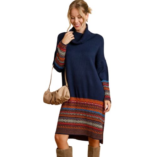 Nordic Knit Long Sleeve Turtle-Neck Dress - Midnight