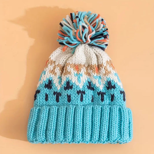 Nostalgic Cable Knitted Pom Pom Beanine - Turquoise / Cream