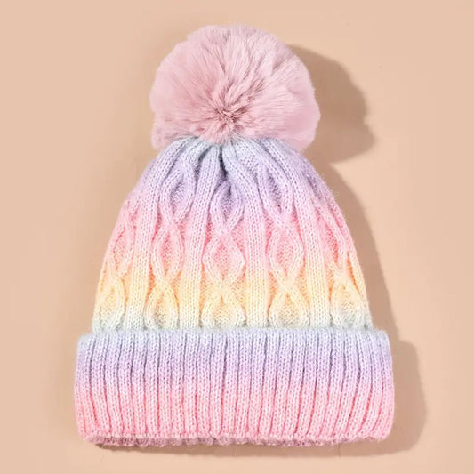 Pastel Tie Dye Cable Knitted Pom Pom Beanie