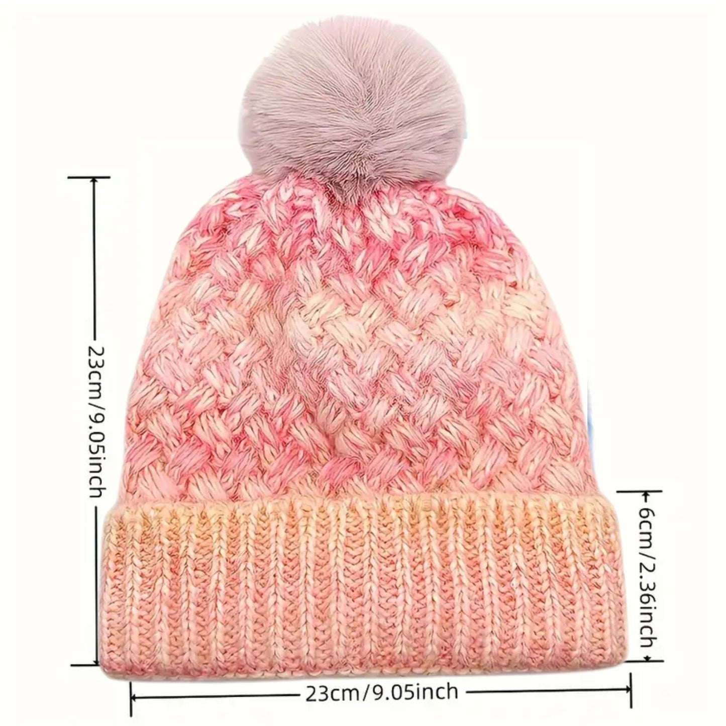 Pink Gradient Knitted Pom Pom Beanie