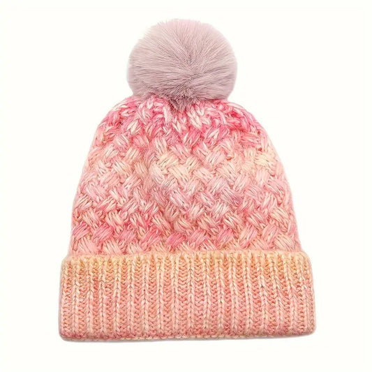 Pink Gradient Knitted Pom Pom Beanie