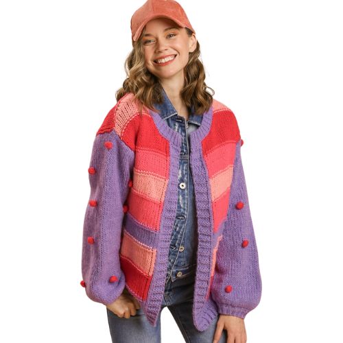 Pom-Pom Color Block Open Front Cardigan