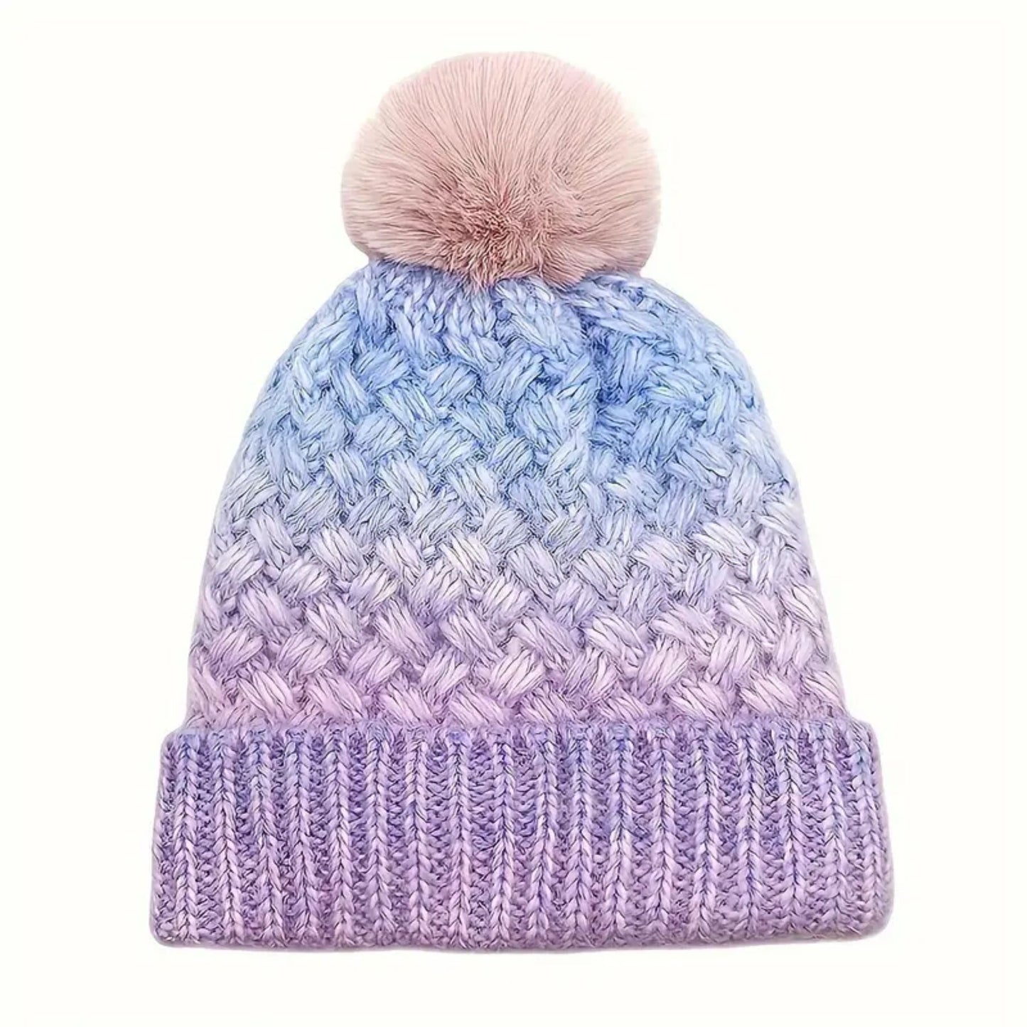 Purple Gradient Knitted Pom Pom Beanie