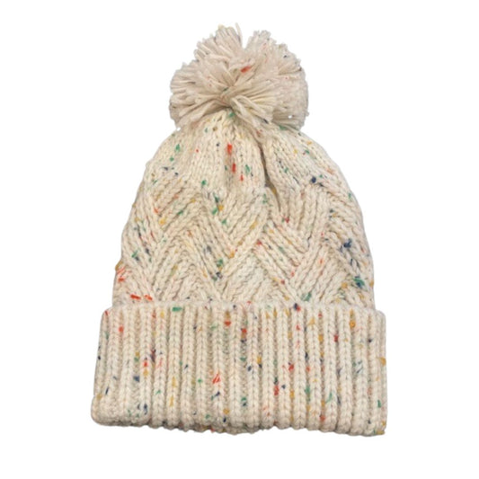 Rainbow Flecked Cable Knitted Pom Pom Beanie - Cream