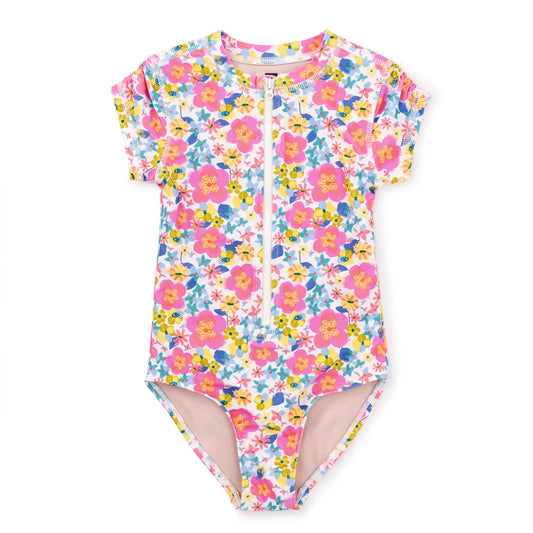 Cap Sleeve One-Piece Swimsuit - Tropical Hibiscus Floral