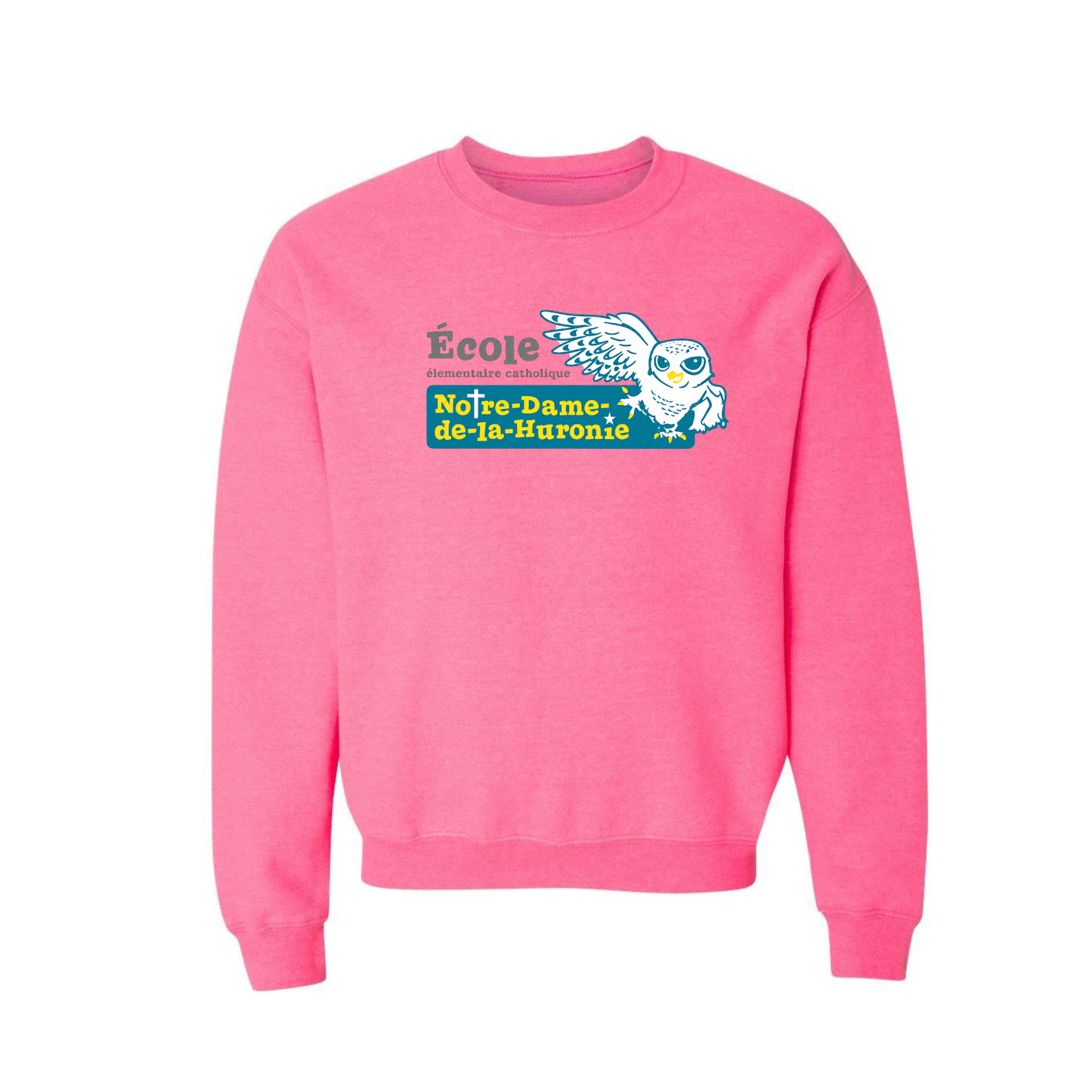 Notre-Dame-de-la-Huronie Crewneck Sweatshirt - Large Logo /  Safety Pink