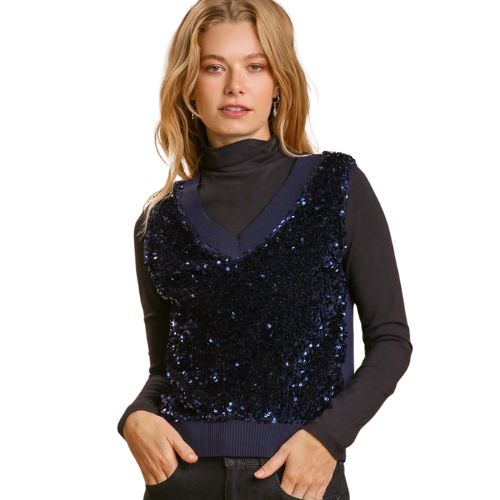 Sequin Deep V-Neck Vest Sweater Vest - Navy