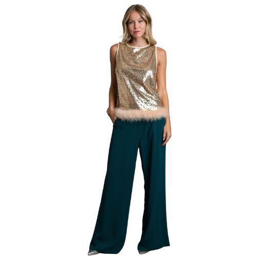 Sequin and Feather Fur Sleeveless Top - Champagne