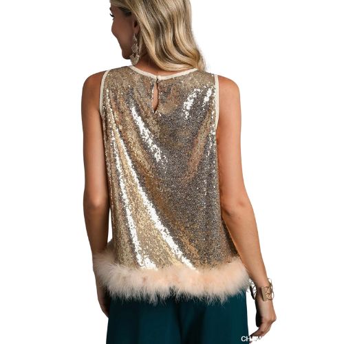 Sequin and Feather Fur Sleeveless Top - Champagne