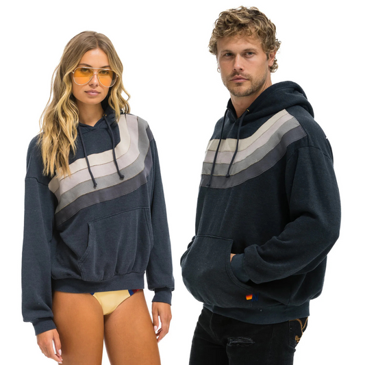 Aviator Nation -  Adult Unisex Wave Stripe Pullover Relaxed Hoodie - Charcoal / Charcoal