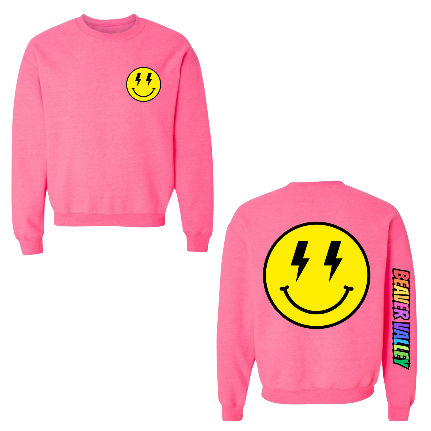 BVCS Crewneck Sweatshirt - Oversize Bolt Smile / Rainbow Graffiti Sleeve - Safety Pink