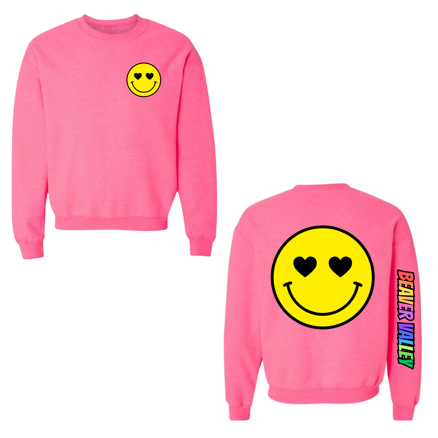 BVCS Crewneck Sweatshirt - Oversize Heart Smile / Rainbow Graffiti Sleeve - Safety Pink