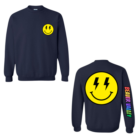 BVCS Crewneck Sweatshirt - Oversize Bolt Smile / Rainbow Graffiti Sleeve - Navy