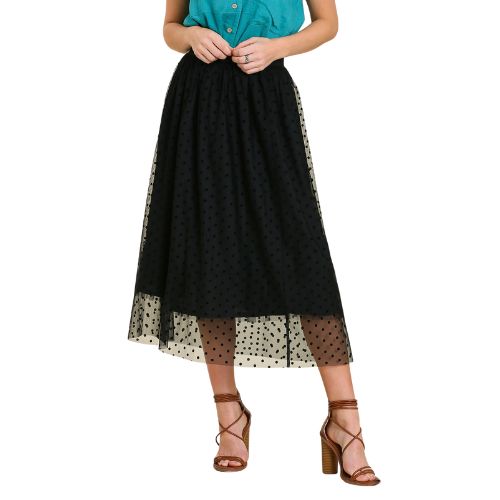 Velvet Polka Dot Mesh and Tulle Midi Skirt - Black