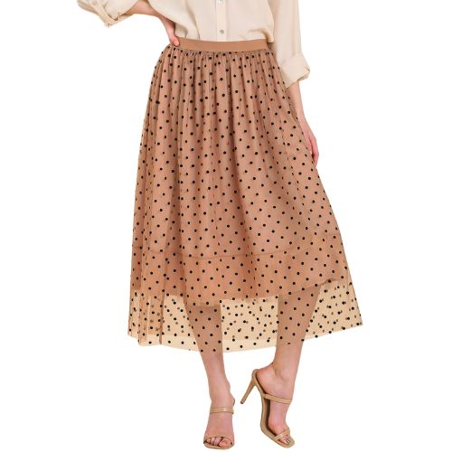 Velvet Polka Dot Mesh and Tulle Midi Skirt - Cappuccino