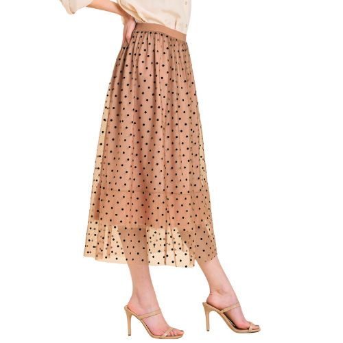 Velvet Polka Dot Mesh and Tulle Midi Skirt - Cappuccino