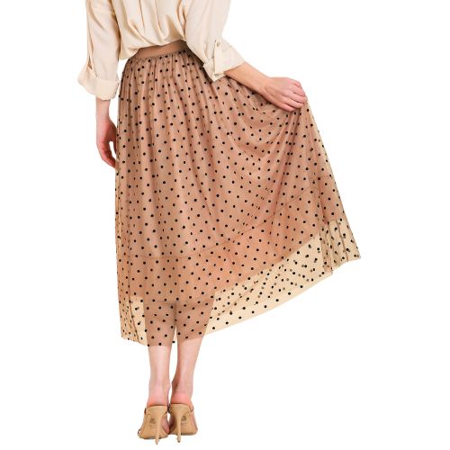 Velvet Polka Dot Mesh and Tulle Midi Skirt - Cappuccino