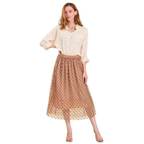 Velvet Polka Dot Mesh and Tulle Midi Skirt - Cappuccino