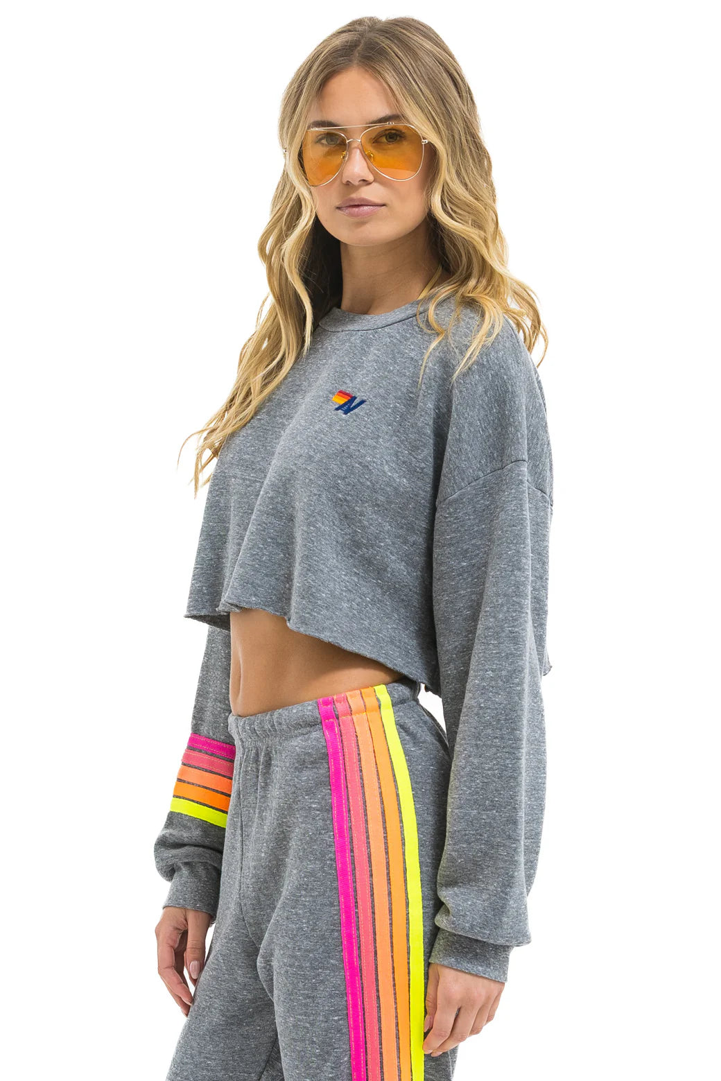 Aviator Nation Adult Rugby Stitch Cropped Crew Sweatshirt Relaxed - Heather Grey / Neon