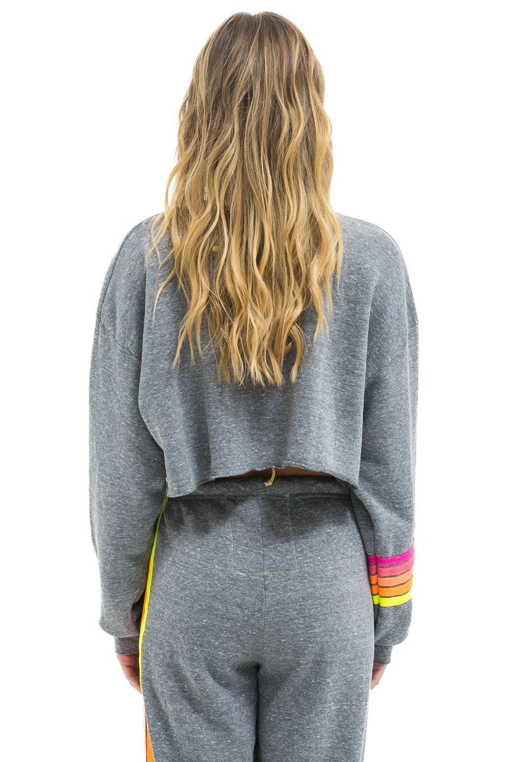Aviator Nation Adult Rugby Stitch Cropped Crew Sweatshirt Relaxed - Heather Grey / Neon