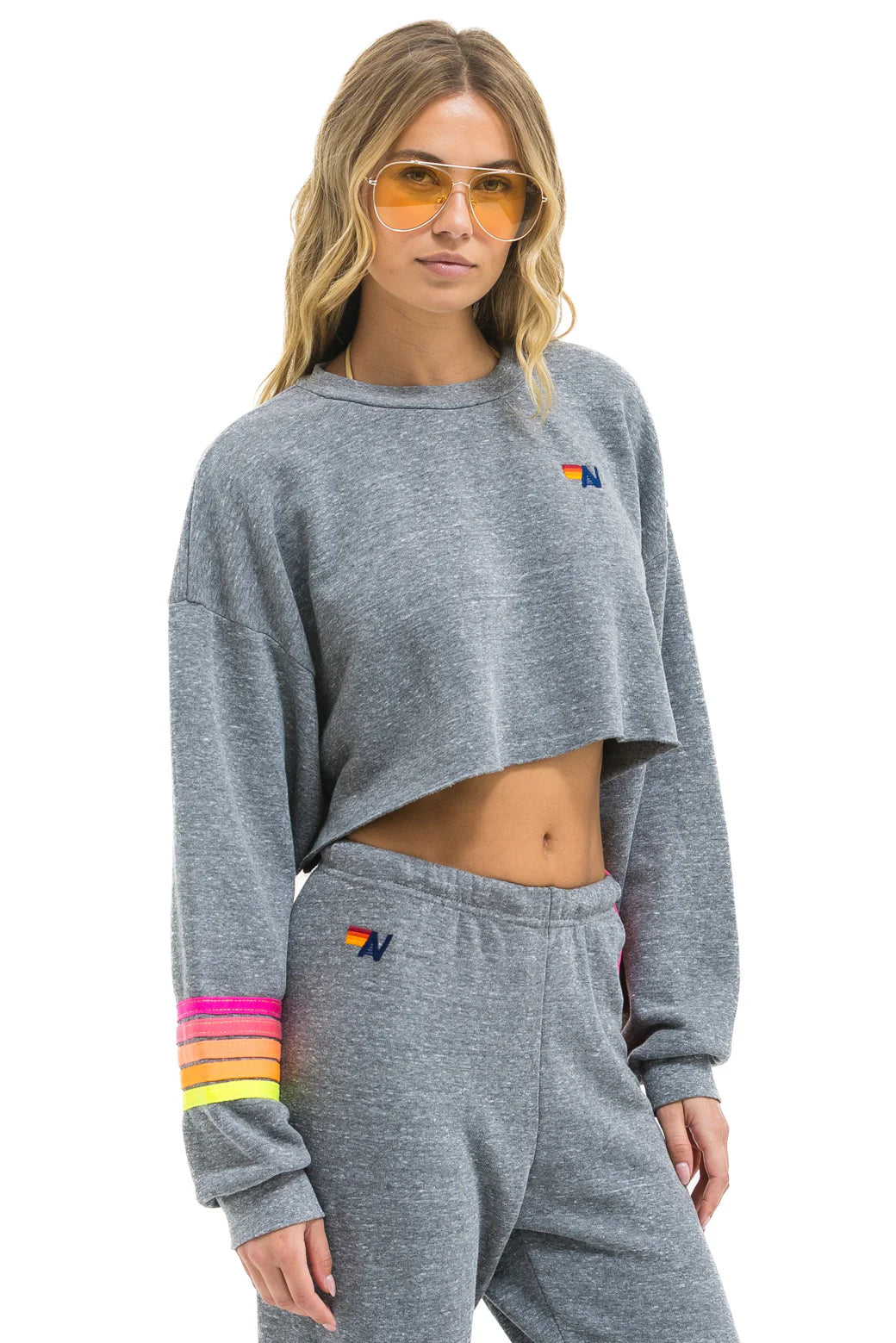 Aviator Nation Adult Rugby Stitch Cropped Crew Sweatshirt Relaxed - Heather Grey / Neon
