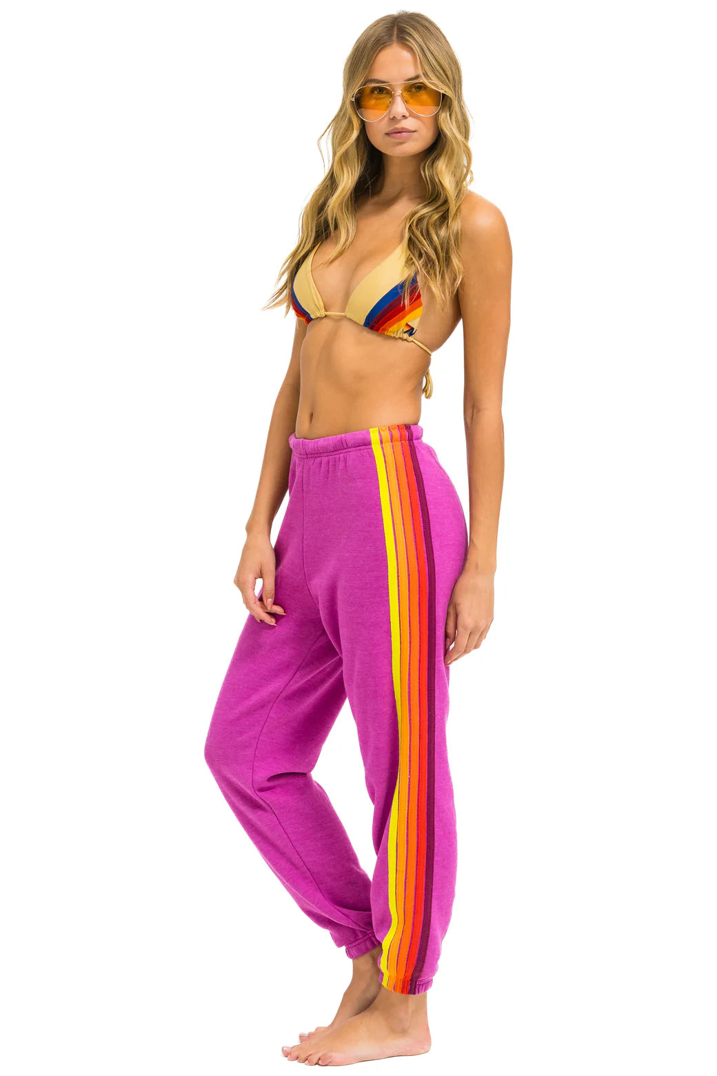 Aviator Nation Women's 5 Stripe Sweatpants - Magenta / Orange Yellow