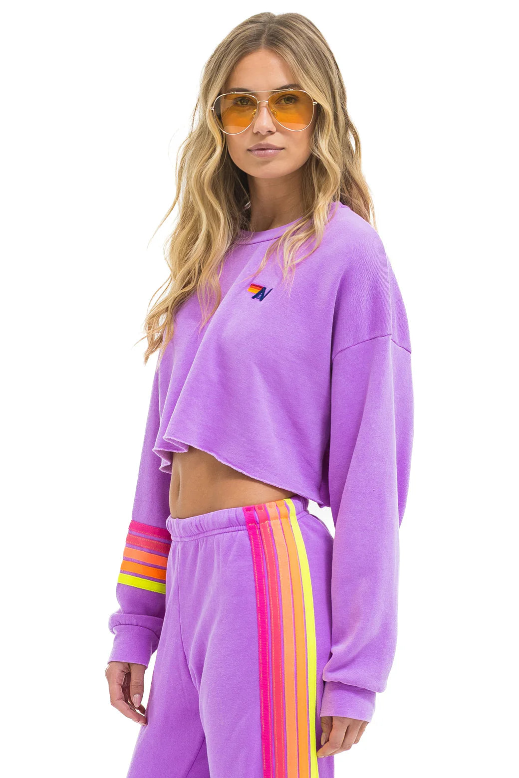 Aviator Nation Adult Rugby Stitch Cropped Crew Sweatshirt Relaxed - Neon Purple / Neon
