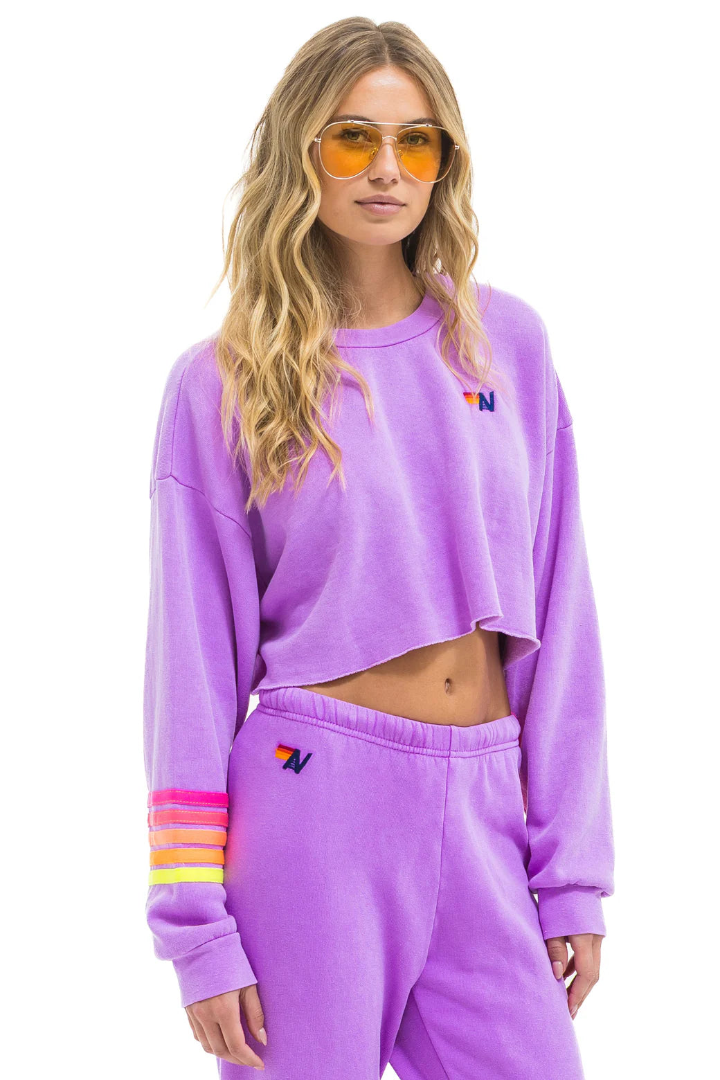 Aviator Nation Adult Rugby Stitch Cropped Crew Sweatshirt Relaxed - Neon Purple / Neon
