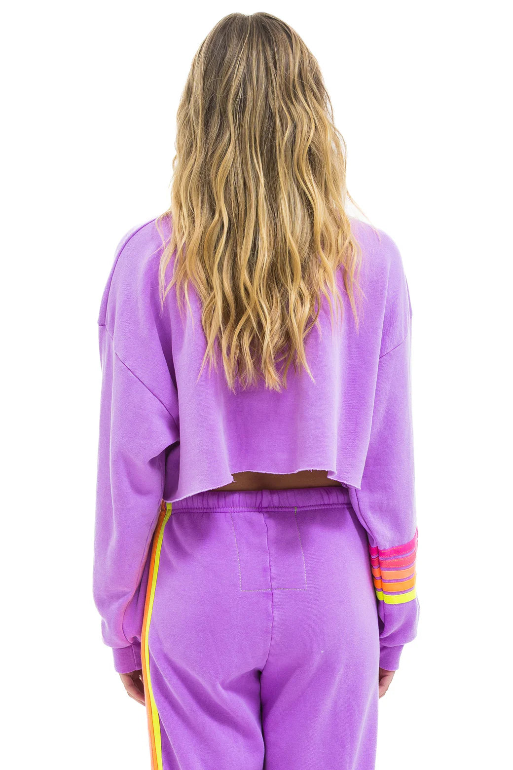 Aviator Nation Adult Rugby Stitch Cropped Crew Sweatshirt Relaxed - Neon Purple / Neon