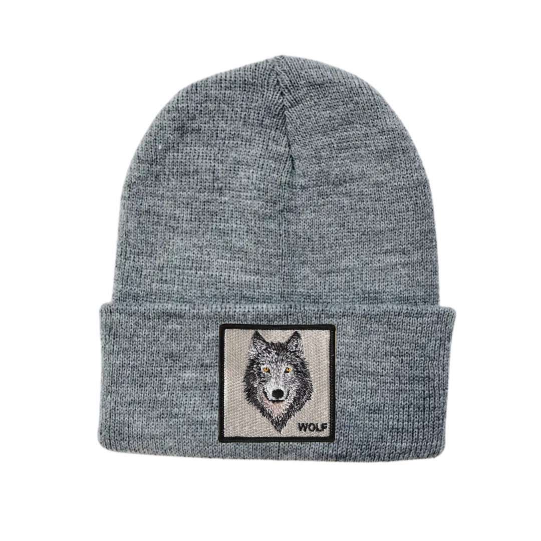 Solid Knitted Beanie - Medium Grey / Wolf Patch