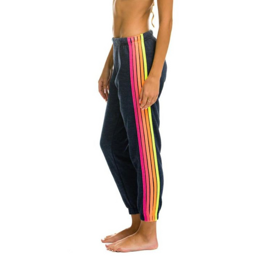 Aviator Nation -  Women's 5 Stripe Sweatpants - Heather Navy/Neon Rainbow