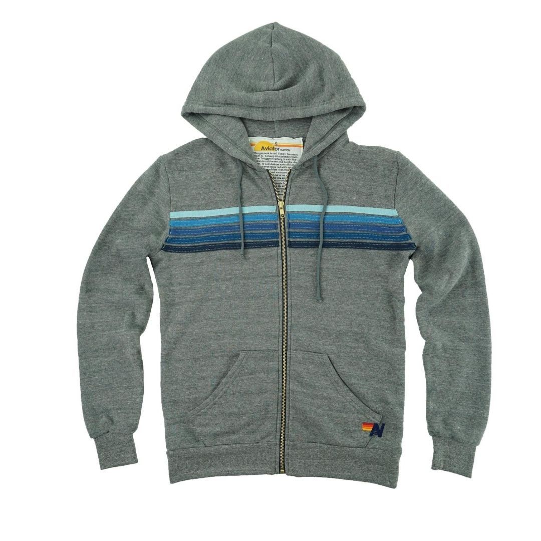 Aviator Nation - Adult Heather Grey / Blue Stripes 5 Stripe Zip Hoodie Sweatshirt Aviator Nation 